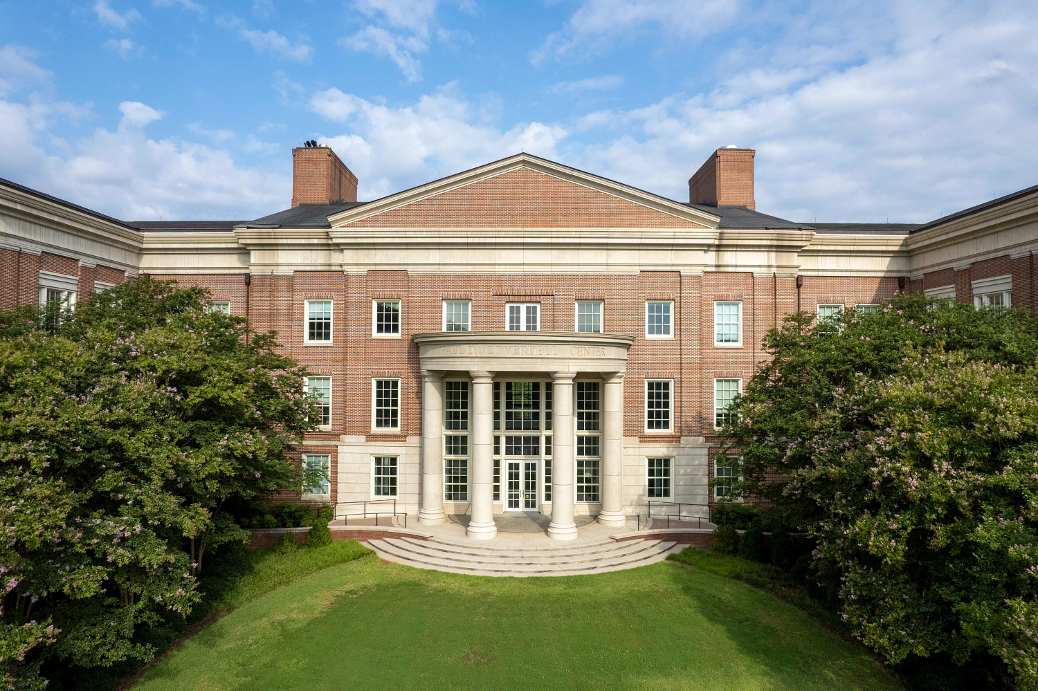 Aerial shot of the exterior of the paul d. Coverdell building on uga's campus.