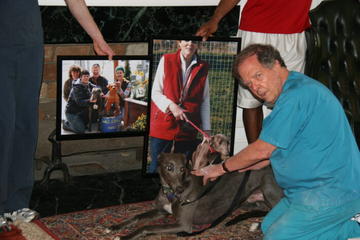A photo of Dr. Simmons with his rescue Greyhound, Aldi