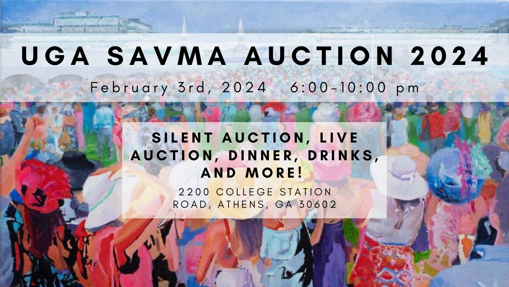 SAVMA Auction 2024 Banner with text: "Silent auction, live auction, dinner, drinks, and more!"