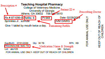 An example of a medication prescription highlighting the location of the prescription number, remaining refills, patient ID, prescribing doctor, medication name, and strength
