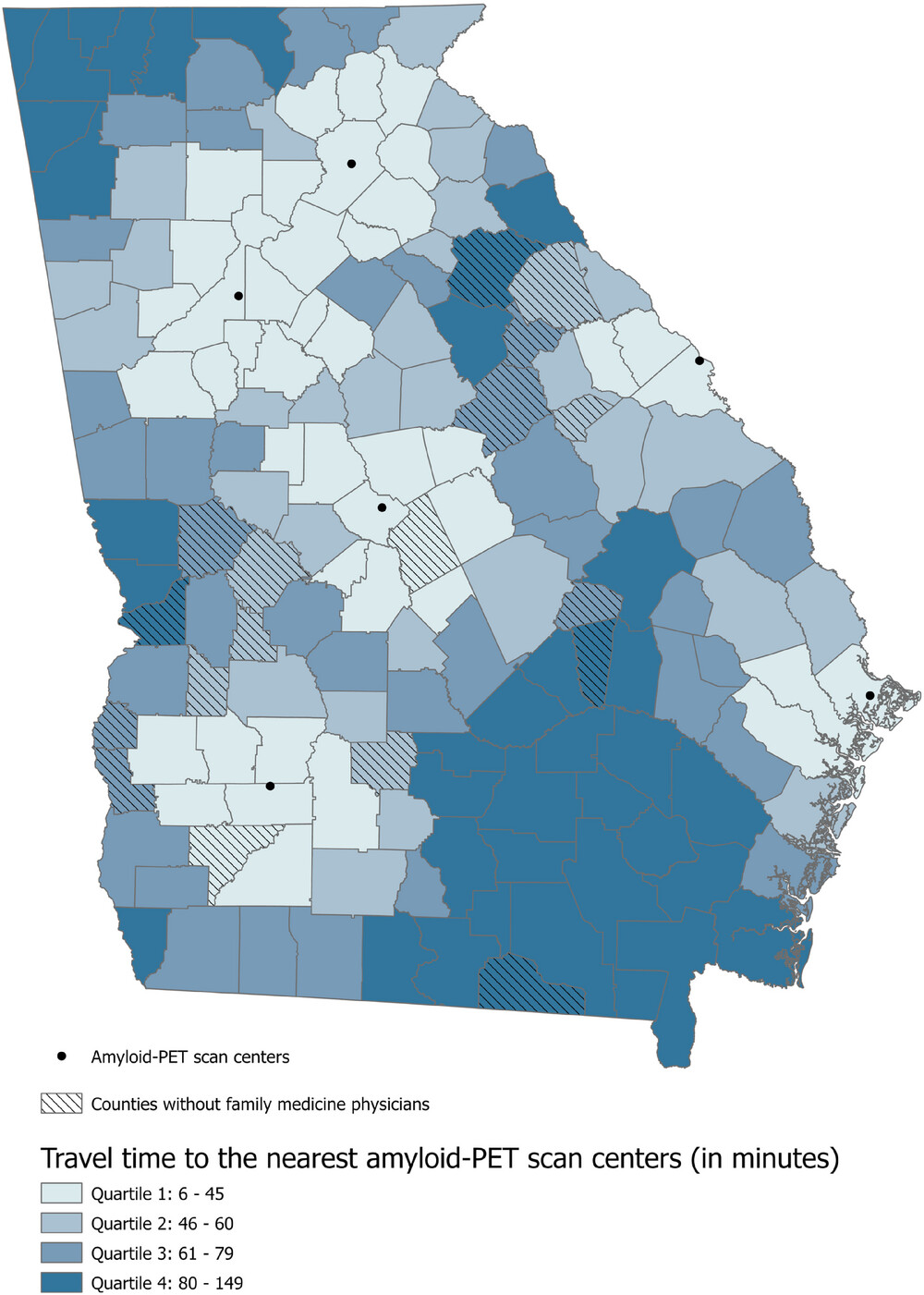 Travel times to amyloid-PET scan centers