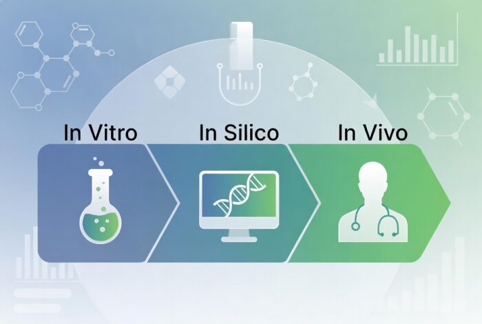 Image showing "In Vitro > In Silico > In Vivo" process through illustration